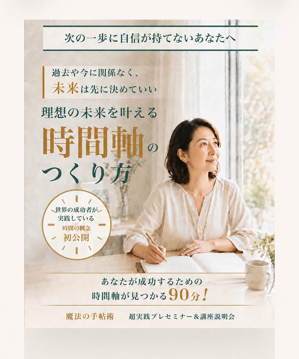 次の一歩に自信が持てない方へ。あなたが成功するための時間軸が見つかる90分。理想の未来を叶える時間軸のつくり方